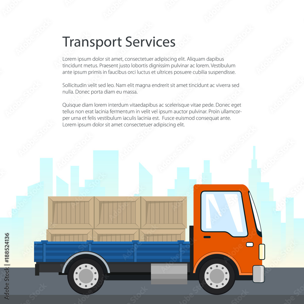 Small Cargo Truck on the Road, Lorry with Boxes on a Background of the City, Delivery Services, Logistics, Shipping and Freight of Goods, Flyer Poster Brochure Design, Vector Illustration