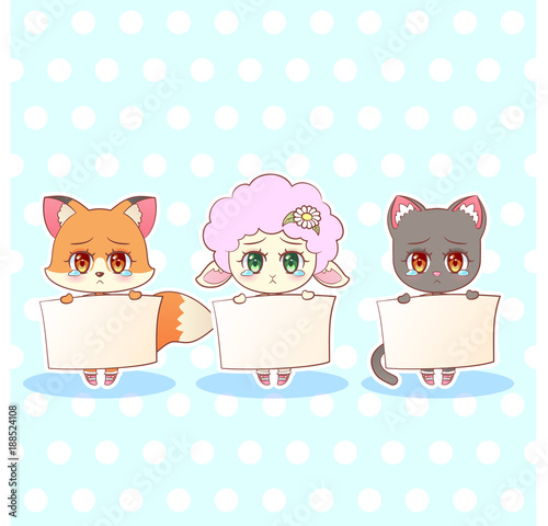 Sweet Kitty Little cute kawaii anime cartoon sad sorry cry tear fox, cat, kitten, lamb girl in dress character holding a sign with message banner your text Children character colorful vector