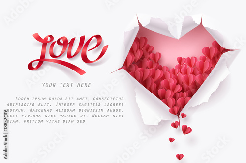 Little heart falling through torn hole and ripped of paper in heart shape and love ribbon with copy space, paper art and valentine's day concept