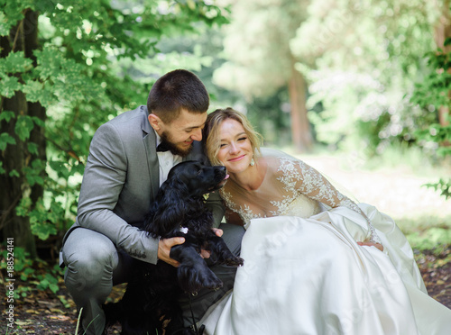 Bride and groom play with fluffy dogs standing in the forest © IVASHstudio
