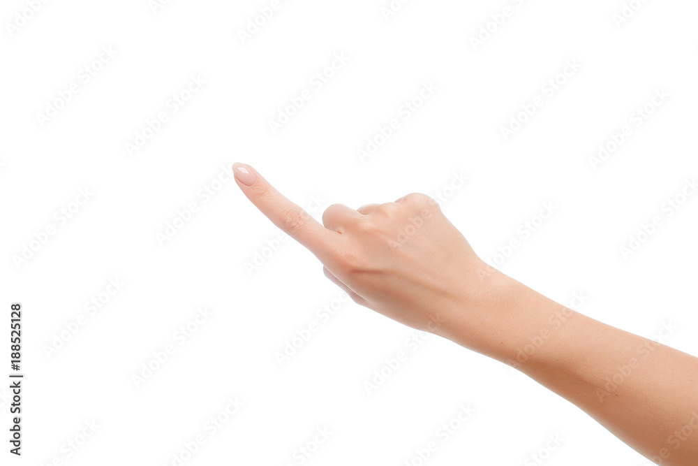 Closeup of woman hand showing index finger gesture white background Closeup of woman hand showing index finger gesture white background