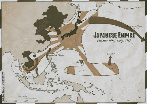 Hand drawn map of Japanese Empire in late 1941 - early 1942. photo