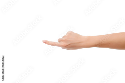 Closeup of woman hand showing index finger gesture white background © Egor Vidinev