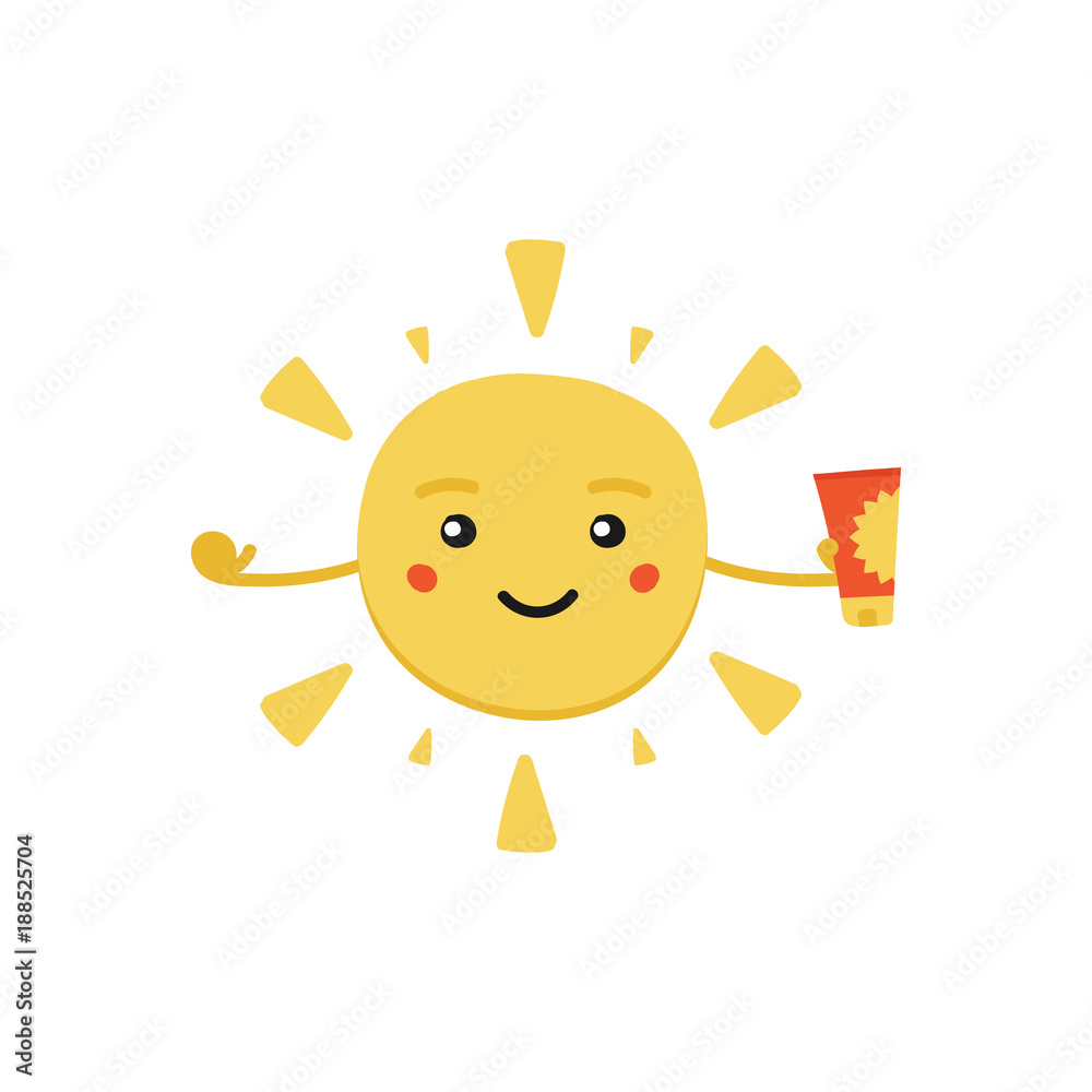 Cute cartoon sun character with bottle of sunscreen in hand. Vector doodle illustration. Cute cartoon sun character with bottle of sunscreen in hand. Vector doodle illustration.