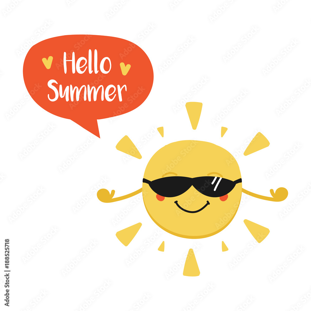 Cute cartoon sun character in sunglasses with speech bubble Hello summer. Vector hand drawn illustration.
Cute cartoon sun character in sunglasses with speech bubble Hello summer. Vector hand drawn illustration.
