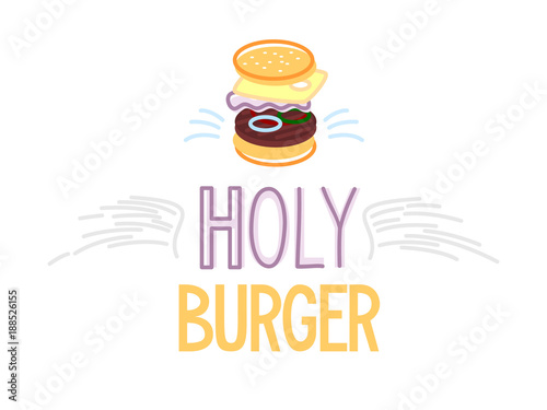 Logo, poster or illustration of separated burger layers with angel wings and nimbus above it. Isolated on white background flat line art style.