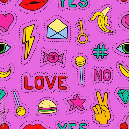 Bright colored seamless pattern with various patches or badges on pink background