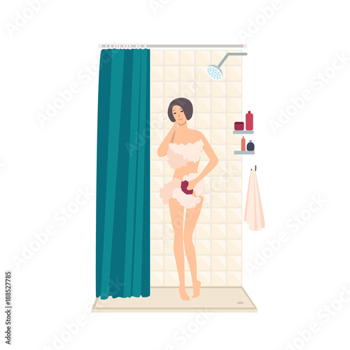 Young pretty woman standing in stall shower, lathering her body with soap and washing. Smiling female cartoon character performing daily hygienic routine in bathroom. Colorful vector illustration.