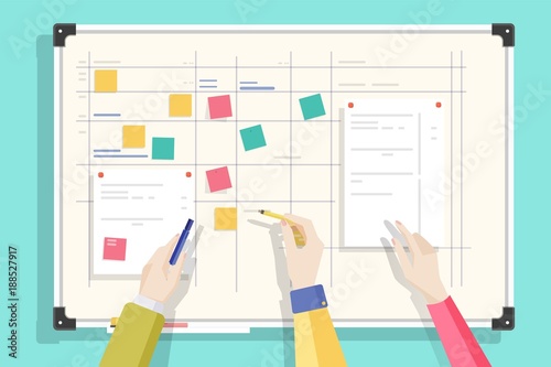 Magnetic whiteboard with table drawn on it, notes sticked by magnets and hands holding pen and pencil. Board for effective daily planning, scheduling, timetable. Colorful flat vector illustration.