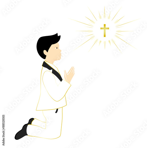 Holy communion sacrament. Boy praying on knees.