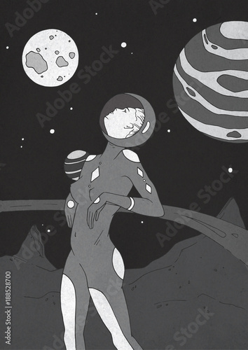 Young pretty woman dressed in spacesuit standing on surface of uninhabited planet and looking upward. Female astronaut exploring space. Monochrome vector illustration in contemporary art style.