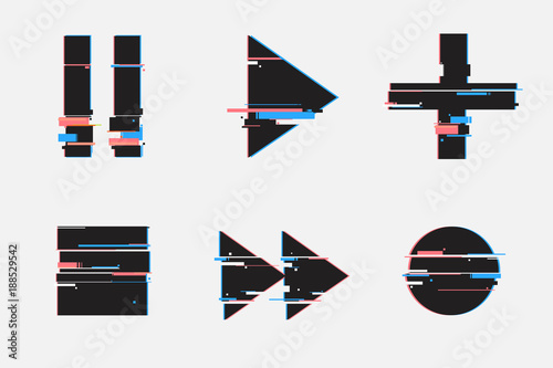 Set of abstract minimal template design for branding, advertising in geometric glitch style.Play, pause, record, play buttons. Modern background cover posters, banners, flyers, placards. 