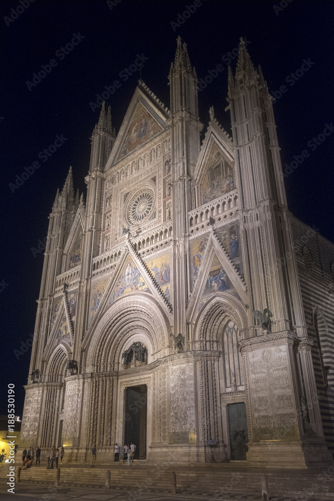 Orvieto (Umbria, Italy), facade of the medieval cathedral, or Duomo, by night