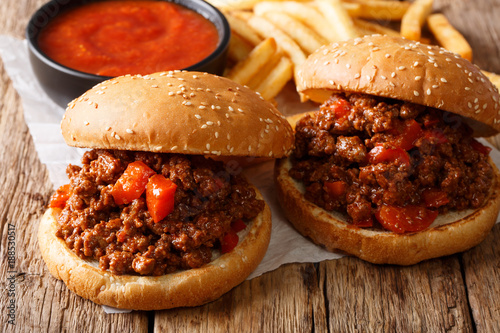 Quadro em tela Hot American Delicious sandwiches Sloppy Joe and french fries, ketchup closeup on the table
