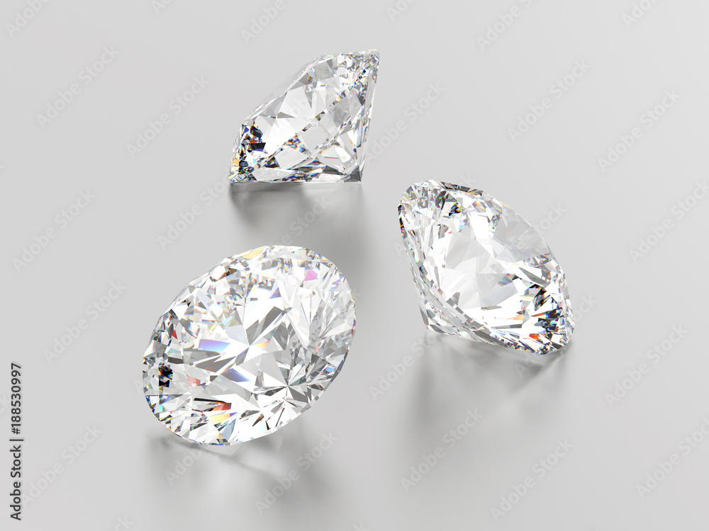 3D illustration three white round gemstones diamonds