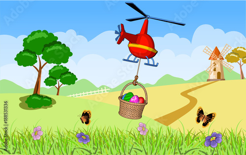 Easter greeting card helicopter basket eggs nature sky mountains clouds grass trees butterflies cartoon style