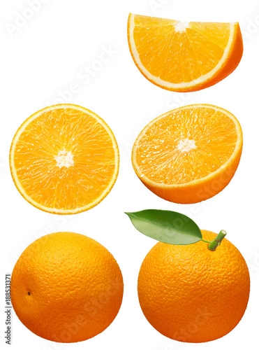 Collection of whole and cut fresh orange fruits on white