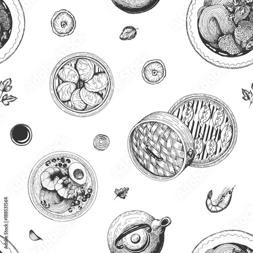 Asian food seamless pattern. Food menu background. Sketch vector illustration. Engraved style.