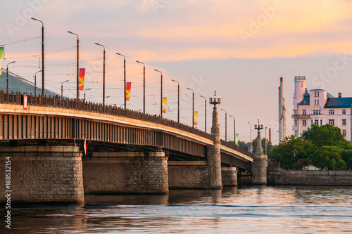 Riga, Latvia. Akmens Tilts - Stone Bridge Street At Sunset, Sunrise