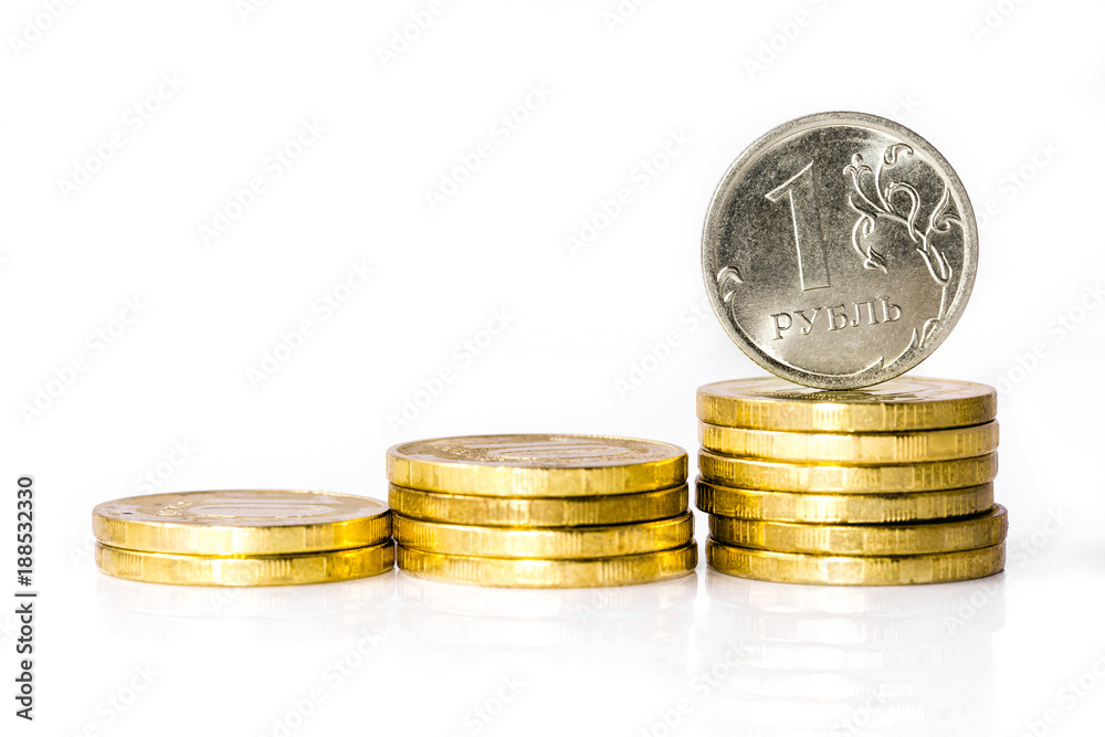 one Russian ruble with pile of Russian coins one Russian ruble with pile of Russian coins