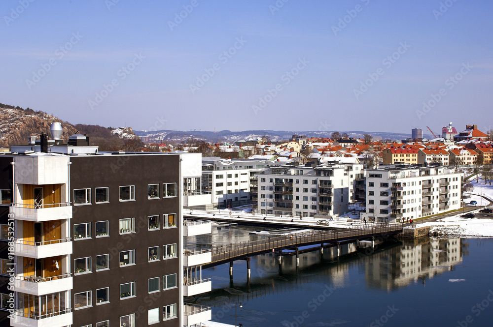 Aerial view of bridge and residential buildings Aerial view of bridge and residential buildings