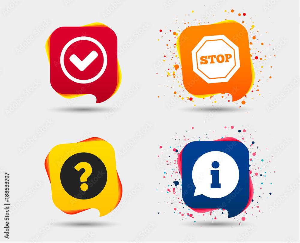 Information icons. Stop prohibition and question FAQ mark signs. Approved check mark symbol. Speech bubbles or chat symbols. Colored elements. Vector