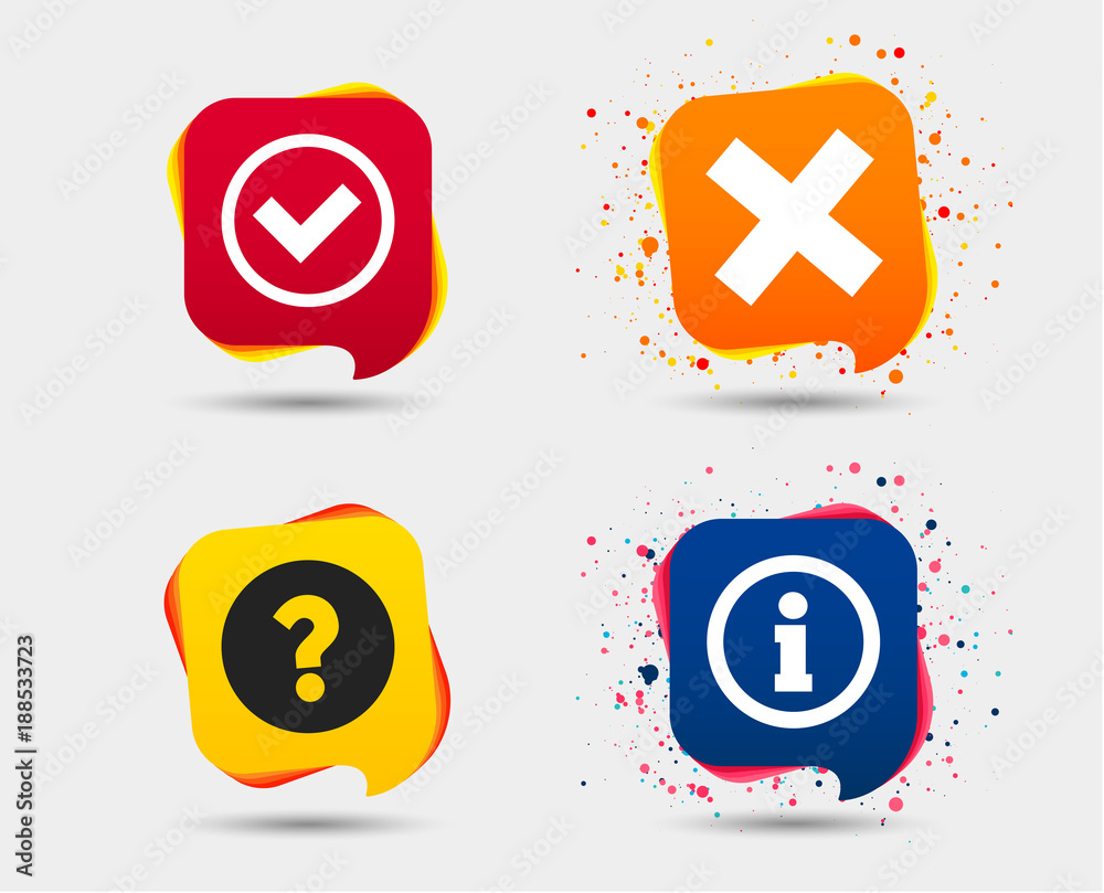 Information icons. Delete and question FAQ mark signs. Approved check mark symbol. Speech bubbles or chat symbols. Colored elements. Vector Information icons. Delete and question FAQ mark signs. Approved check mark symbol. Speech bubbles or chat symbols. Colored elements. Vector