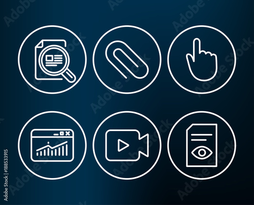 Set of Check article, Website statistics and Hand click icons. Video camera, Paper clip and View document signs. Magnifying glass, Data analysis, Location pointer. Vector