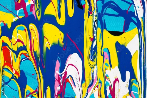 Malerei/ Gemälde/ Hintergrund aus bunten Farben, Streifen, Klekse, verlaufende Farbspuren, Tropfen auf Blau, Gouache, Farben, Leinwand 