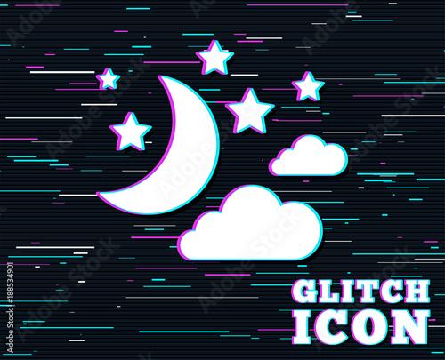 Glitch effect. Moon, clouds and stars icon. Sleep dreams symbol. Night or bed time sign. Background with colored lines. Vector