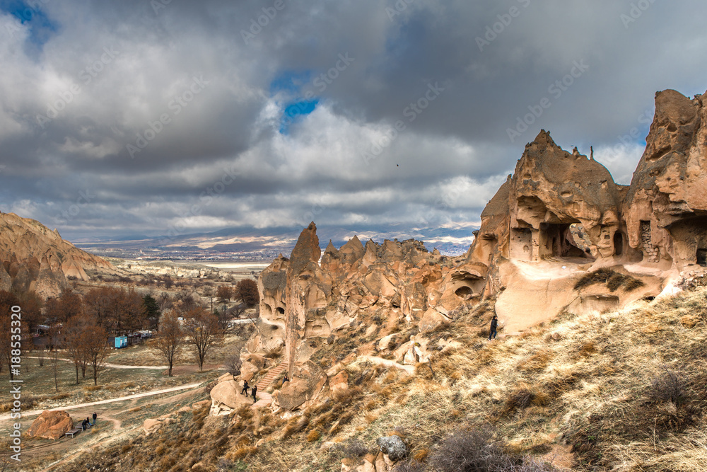 Amazing landscapes with quaint rocks in Cappadocia, Turkey, are loved and visited by tourists from all over the world