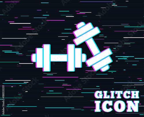 Glitch effect. Dumbbells sign icon. Fitness sport symbol. Gym workout equipment. Background with colored lines. Vector