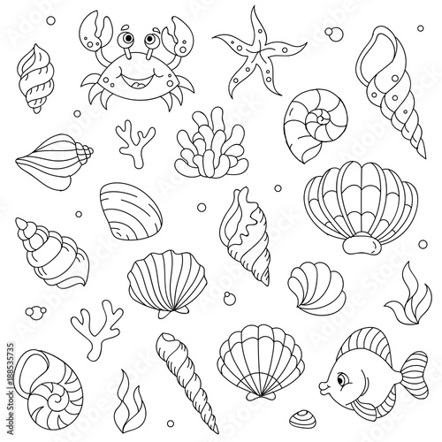 vector lineart cartoon comic doodle sea animals kids set.