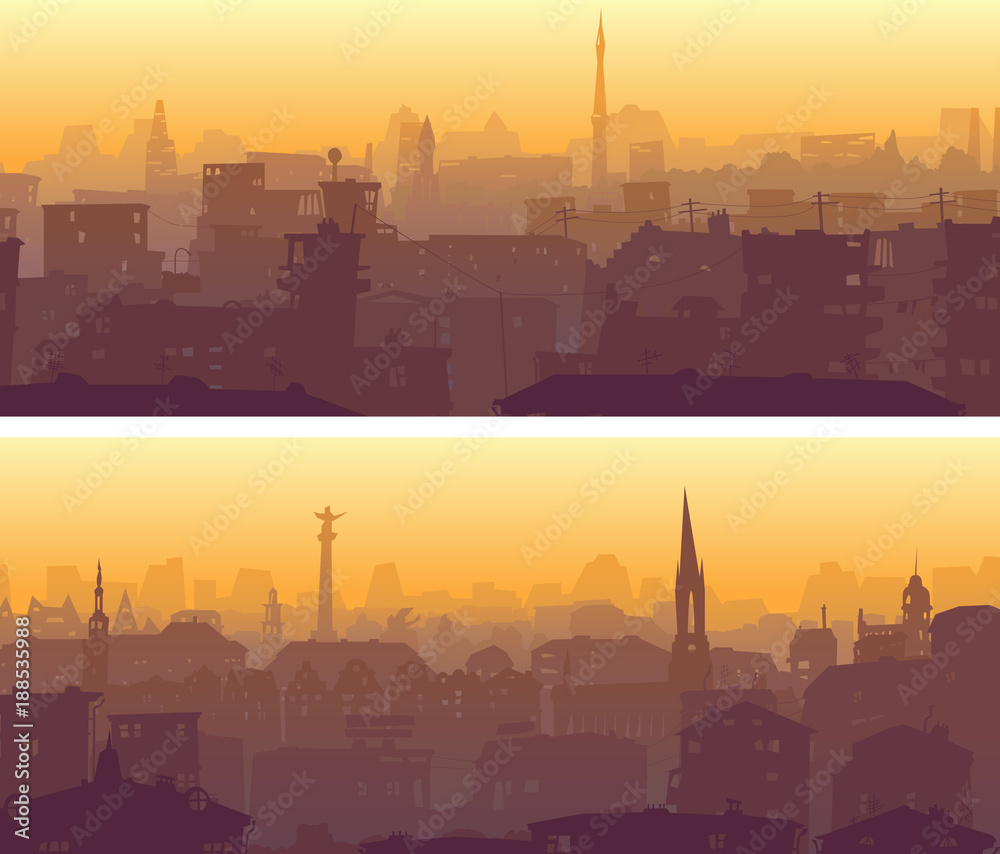 Set of horizontal wide banner of town roofs.