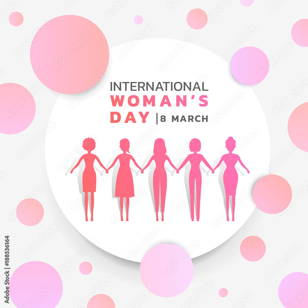 international women's day with background pink purple womans holding hands in white circle and abstract pink purple circle texture vector banner design international women's day with background pink purple womans holding hands in white circle and abstract pink purple circle texture vector banner design