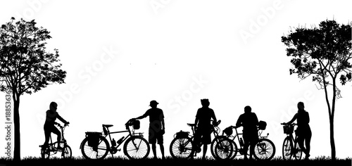 Silhouette group friend  and bike relaxing on white background.