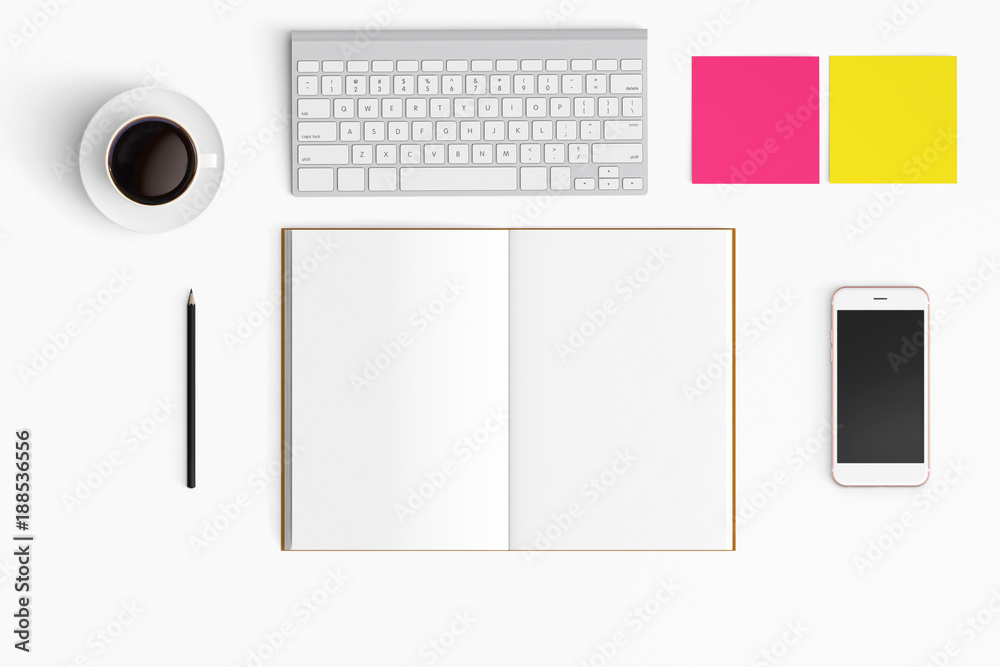 Modern workspace with coffee cup, smartphone, paper, notebook, tablet and laptop copy space on white color background. Top view. Flat lay style. Modern workspace with coffee cup, smartphone, paper, notebook, tablet and laptop copy space on white color background. Top view. Flat lay style.