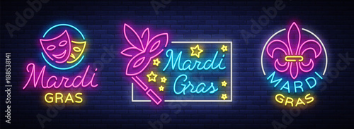 Fotografia Mardi Gras vector, set of symbols,with holiday greetings, festive card