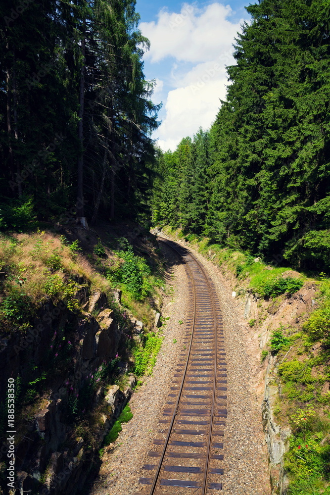 Naklejka premium Railway in beautiful rocky forest near romantic stone bridge near Nejdek, Ore Mountains, Czech Republic