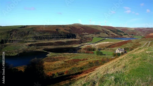 Wind Turbines On Moor & Dam; Naden Lower Reservoir; Reservoirs, Wolstenholme, Lancashire photo