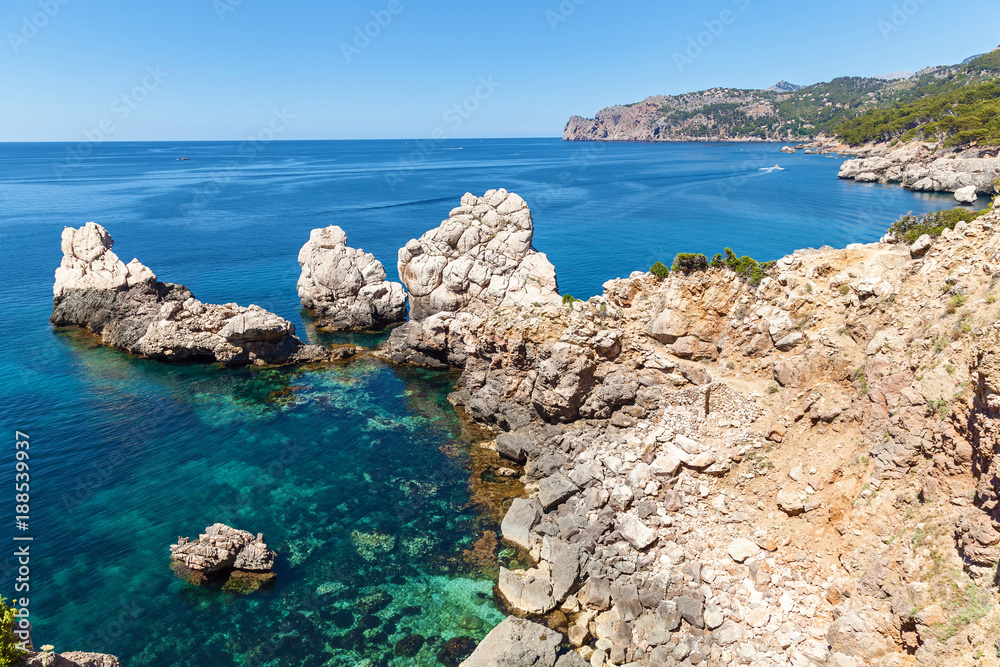 Palma de Mallorca, the sea overlooking the rocky mountains. the sea on Palma de Mallorca