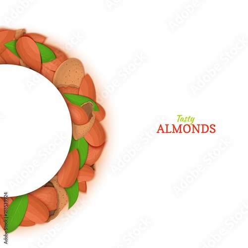Semicircle frame composed of almond nut. Vector card illustration. Nuts filbert frame, hazelnut fruit in the shell, shelled, leaves for packaging design food, butter, oil, detox cosmetics cream.