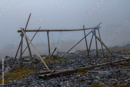 Old empty fish stand in the fog