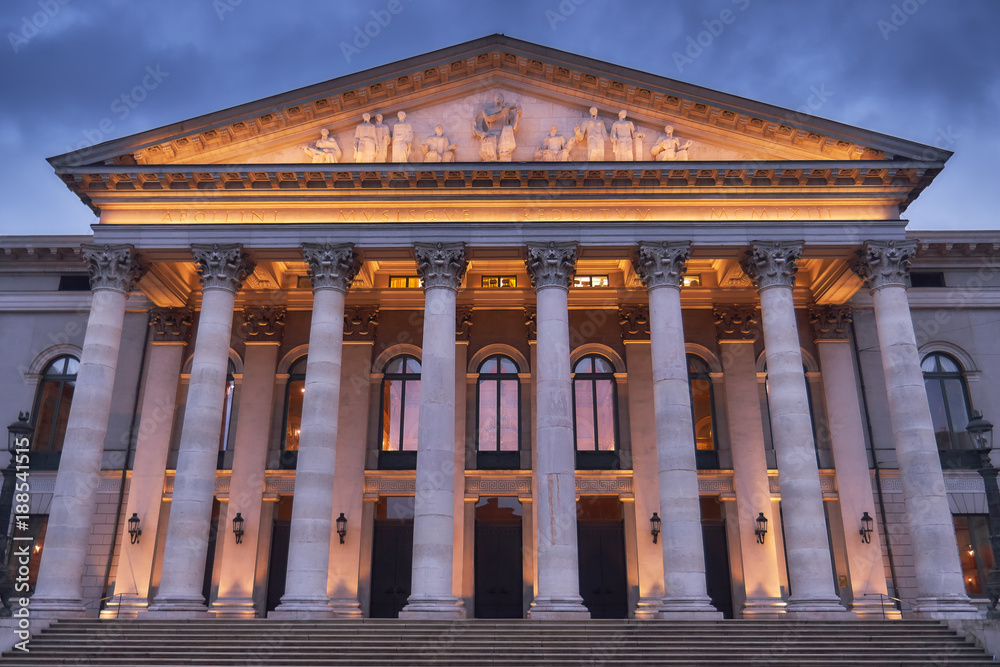 Fototapeta premium The National Theatre Munich at dusk. Max-Joseph-Platz Square in Munich, Germany