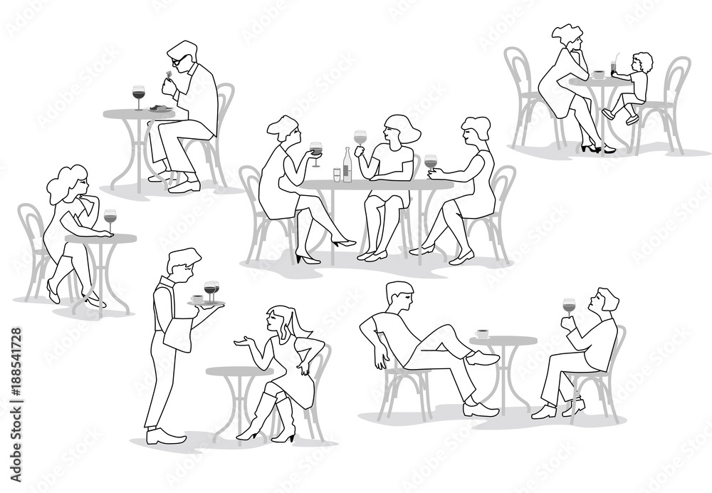 A vector illustration of group of people. Series of fashion people, men and women, sitting, eating and drinking wine in the cafe. Characters set. A vector illustration of group of people. Series of fashion people, men and women, sitting, eating and drinking wine in the cafe. Characters set.