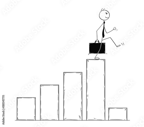 Cartoon stick man drawing conceptual illustration of businessman walking on top of chart and facing low profit data. Business concept of bankrupt and crisis.