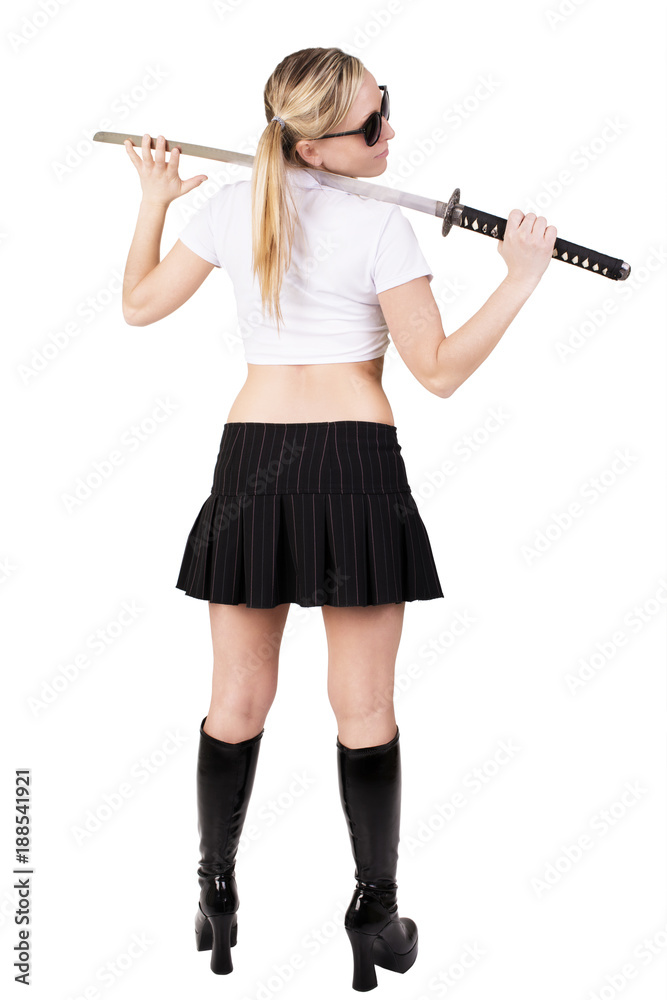 Bad girl holding katana, isolated on white background. Bad girl holding katana, isolated on white background.