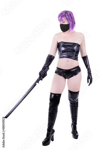 Sexy woman holding black sword is ready to fight. Isolated on white background.
