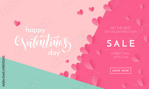 Valentines day sale poster or banner of valentine red heart on trendy background. Vector Valentines day holiday shop discount promo design template of lovely paper hearts