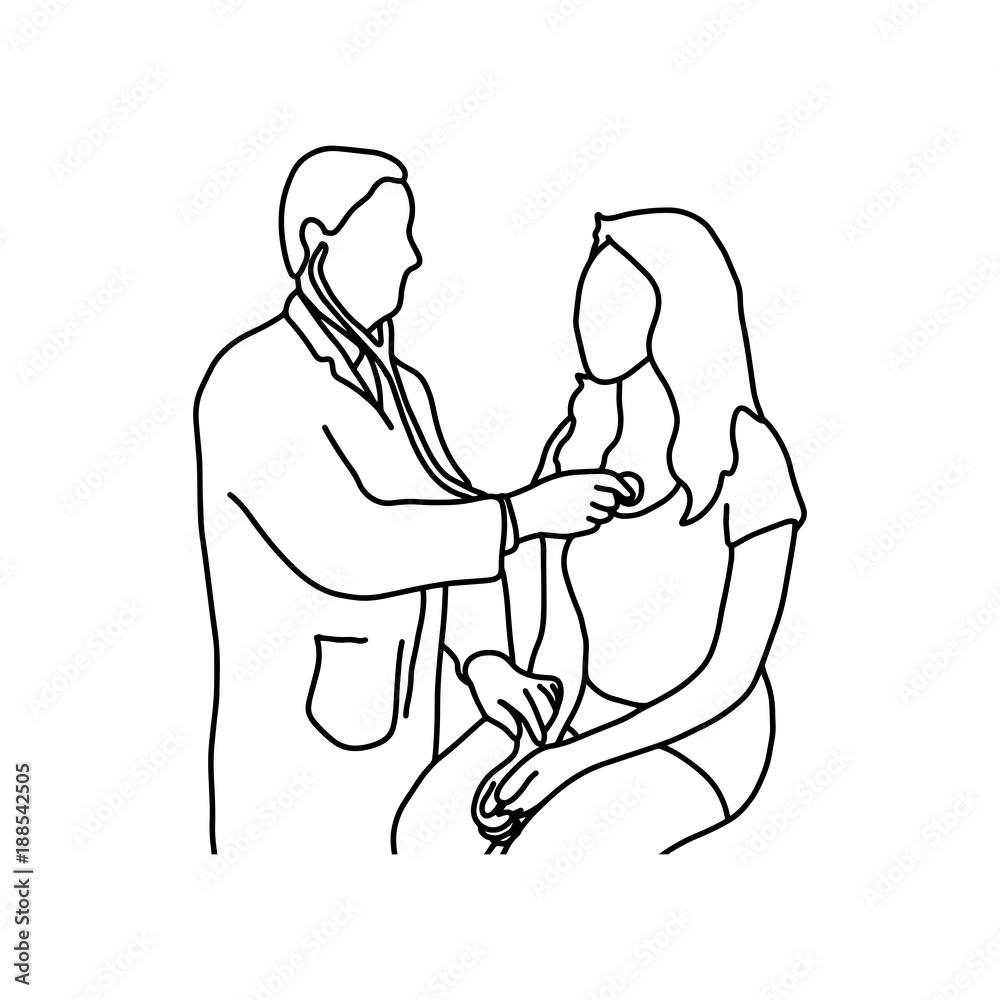 Doctor examining heartbeat of patient in hospital vector illustration sketch hand drawn with black lines, isolated on white background. Medical concept.